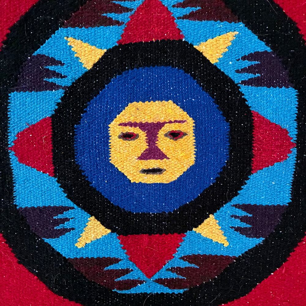 Handwoven Mexican Wool Rug 46x79 Folk Art Sun Face Geometric Serape Textile